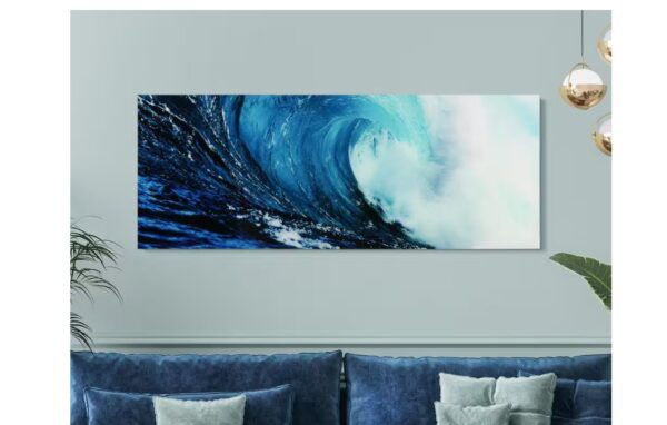 24 in. x 63 in. "Blue Wave 2" Frameless Free Floating Tempered Glass Panel Graphic Wall Art